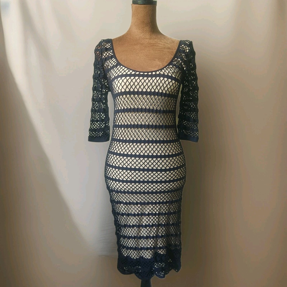 Vintage‎ Bebe Y2K Dress Bodycon Black Net Beige Lined Stretch Size M/L USA Club